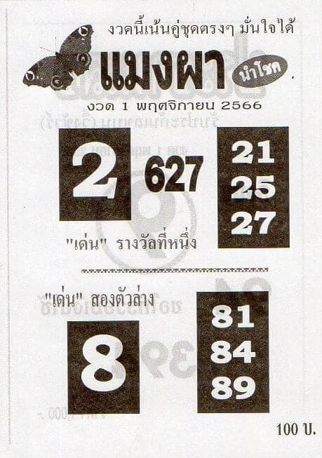 หวยไทย แมงผา 1/11/66 