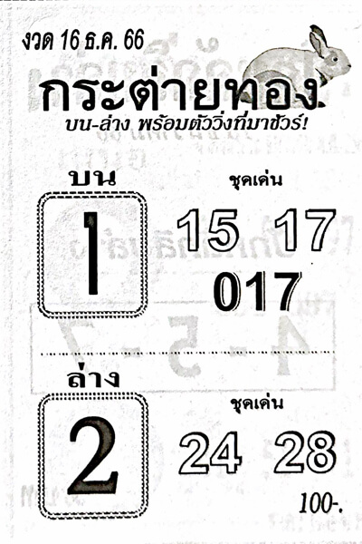 หวยไทย กระต่ายทอง 16/12/66